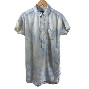 Michael Stars Acid Wash Shirt Dress Light Blue Linen Blend Zippered Closure Sz S